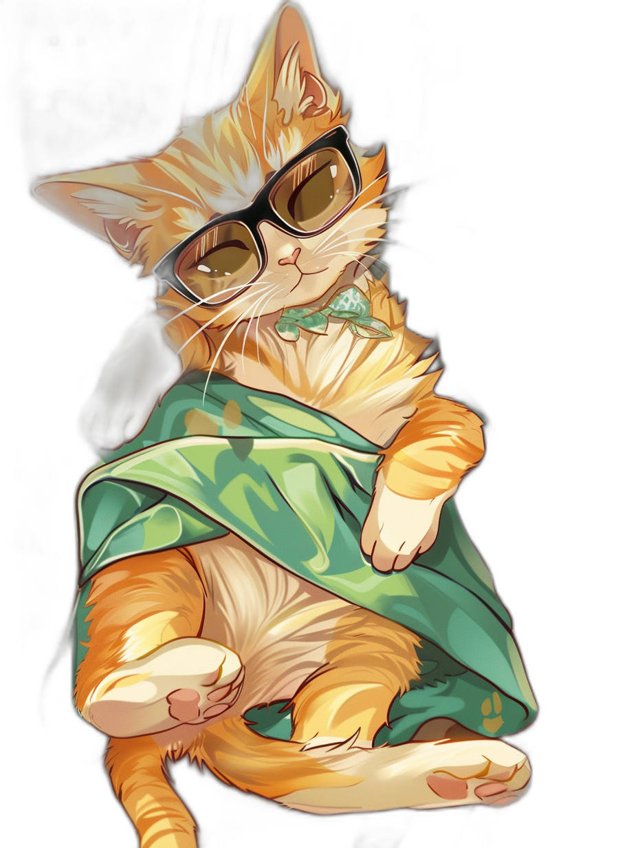 digital art of cute and fat orange cat , wear green shawl with glasses, full body , black background , chill smile