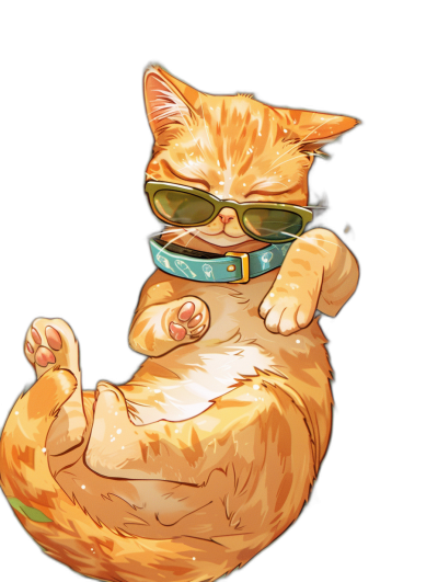 digital art of cute and fat orange cat , wearing sunglasses with blue collar, black background , chill smile , sleeping on his belly pose