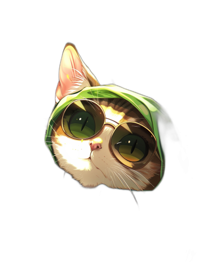 digital art of a cute kitten, wearing sunglasses and a green hood against a black background, in the minimal style, looking chill and funny