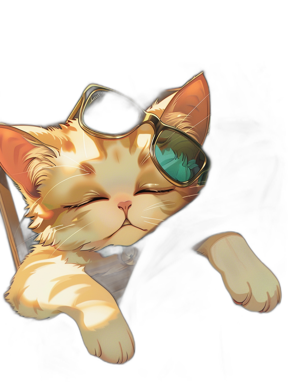 smiling cat with sunglasses sleeping in car, vector illustration in the style of manga, simple lines, black background, digital art