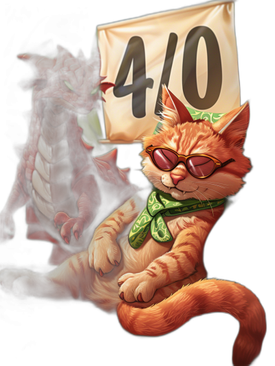 A cute ginger cat wearing sunglasses and holding up a "4/20" sign, sitting next to a dragon with the number four on its back, in the style of digital art.