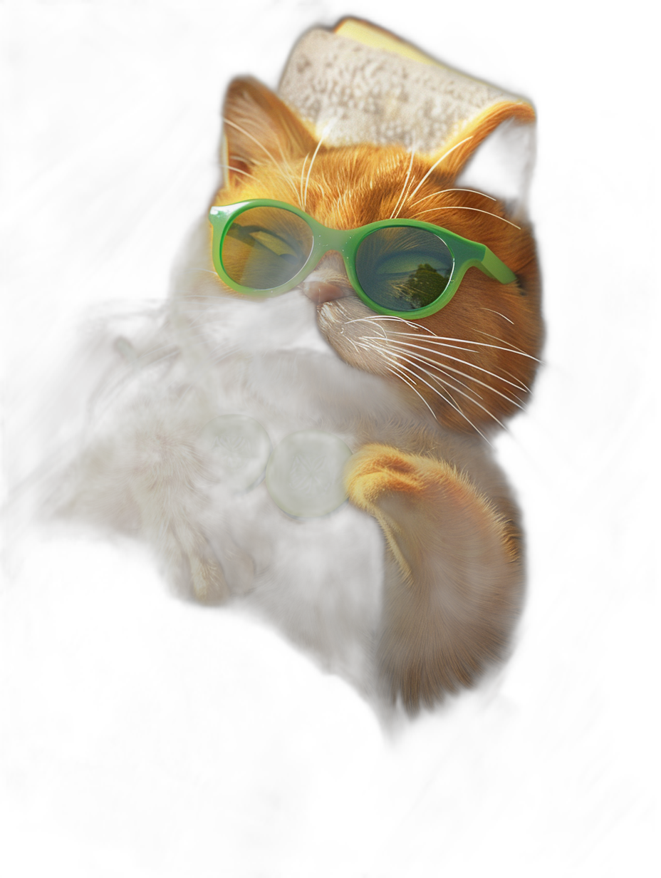 a red cat with green sunglasses is eating cucumber, the bread has cheese on it, black background, hyper realistic photography