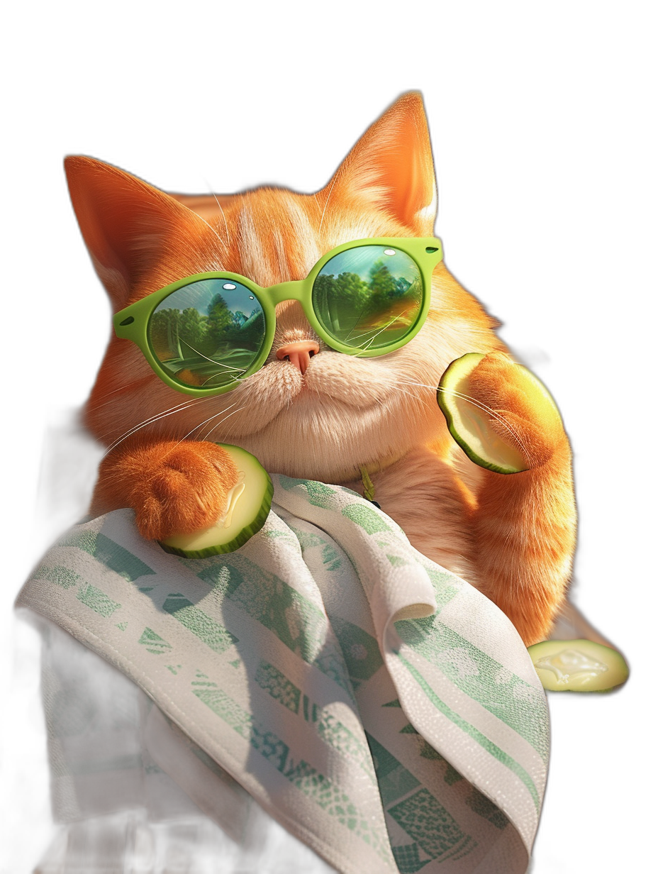 A ginger cat with green sunglasses and a towel holding an avocado against a black background, rendered in a photo realistic, hyper detailed style in the style of octane render.