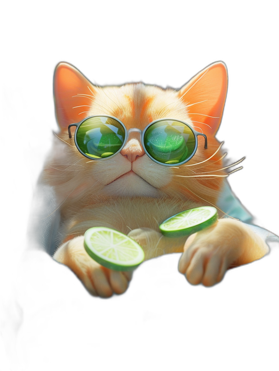 digital art of cute kitten , wear sunglasses with lime green lens, holding some limes in hand , black background , chill and funny