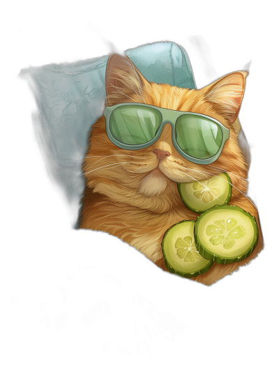 digital art of cool fat orange cat wearing sunglasses , sitting on the sofa and eating cucumber, black background, tshirt design style