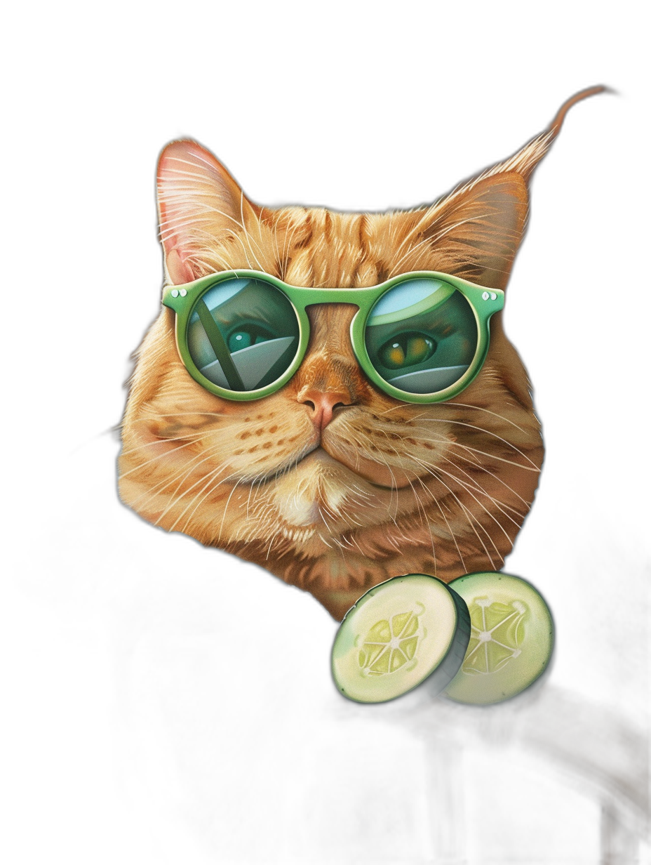 A portrait of an orange cat wearing green sunglasses and cucumber slices on its face, against a black background, in the hyper-realistic illustration style of a professional photograph, with a cute and dreamy look due to soft lighting and high resolution detail.