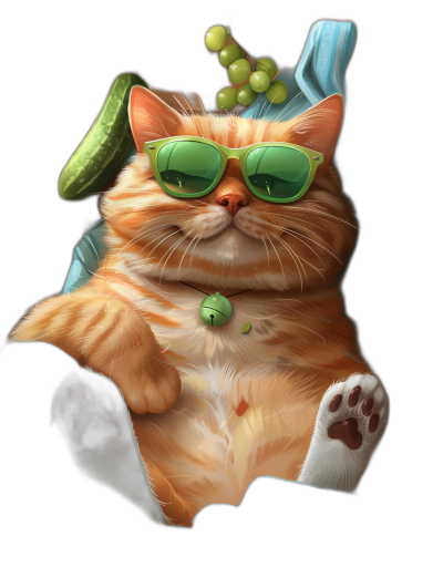 digital art of cute fat orange cat , wearing sunglasses and green , holding grape in the hand , black background , chilling happy and funny