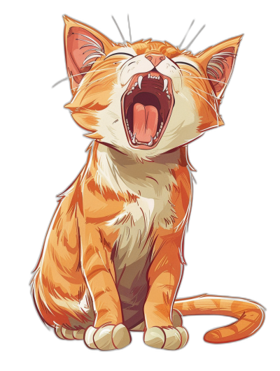 vector design of an orange cat laughing with its mouth open, isolated on a black background, in the style of anime.