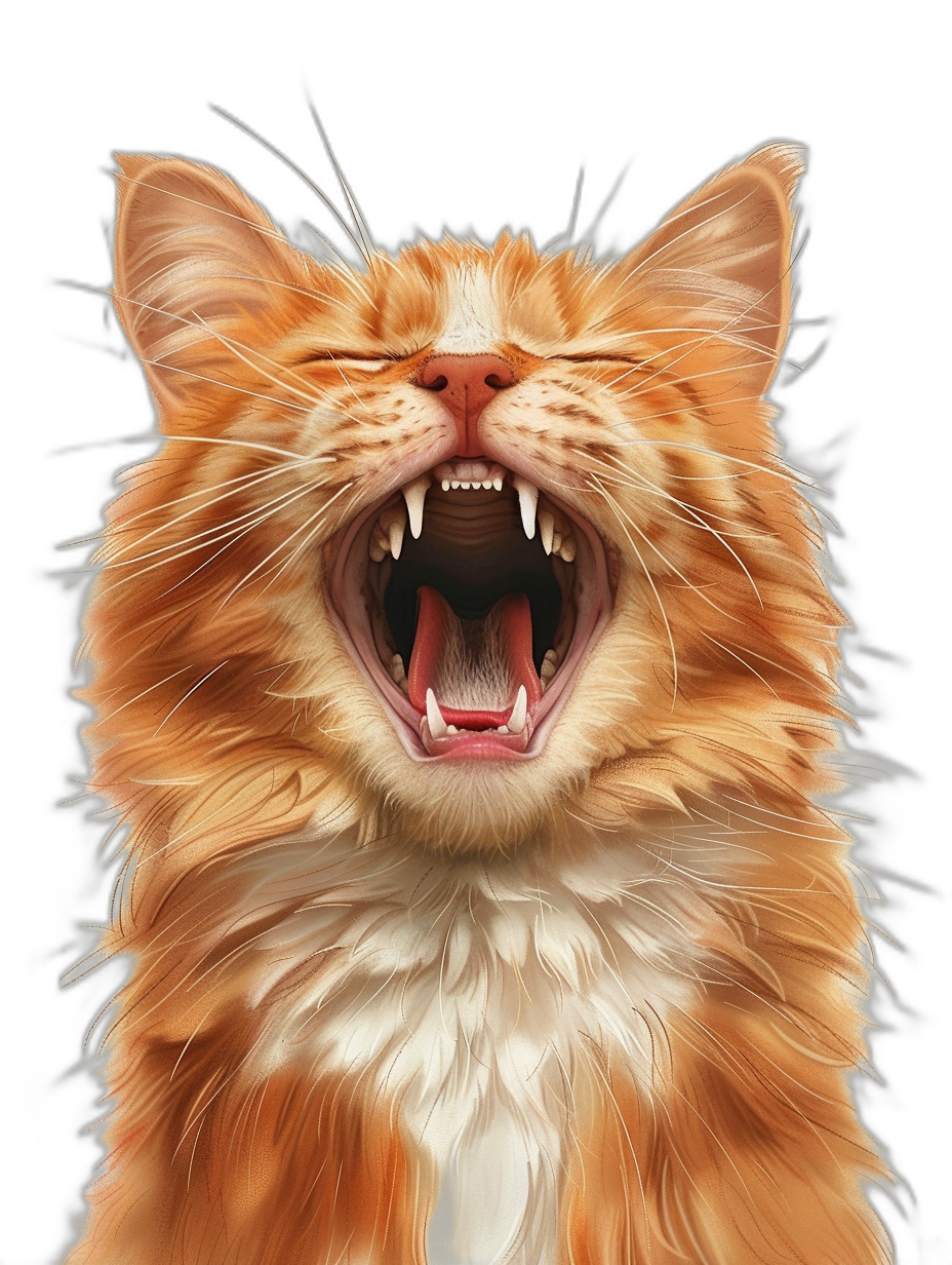 A digital illustration of an orange cat with white fur, showing its teeth and tongue out in anger on a black background, rendered in a hyper realistic style.