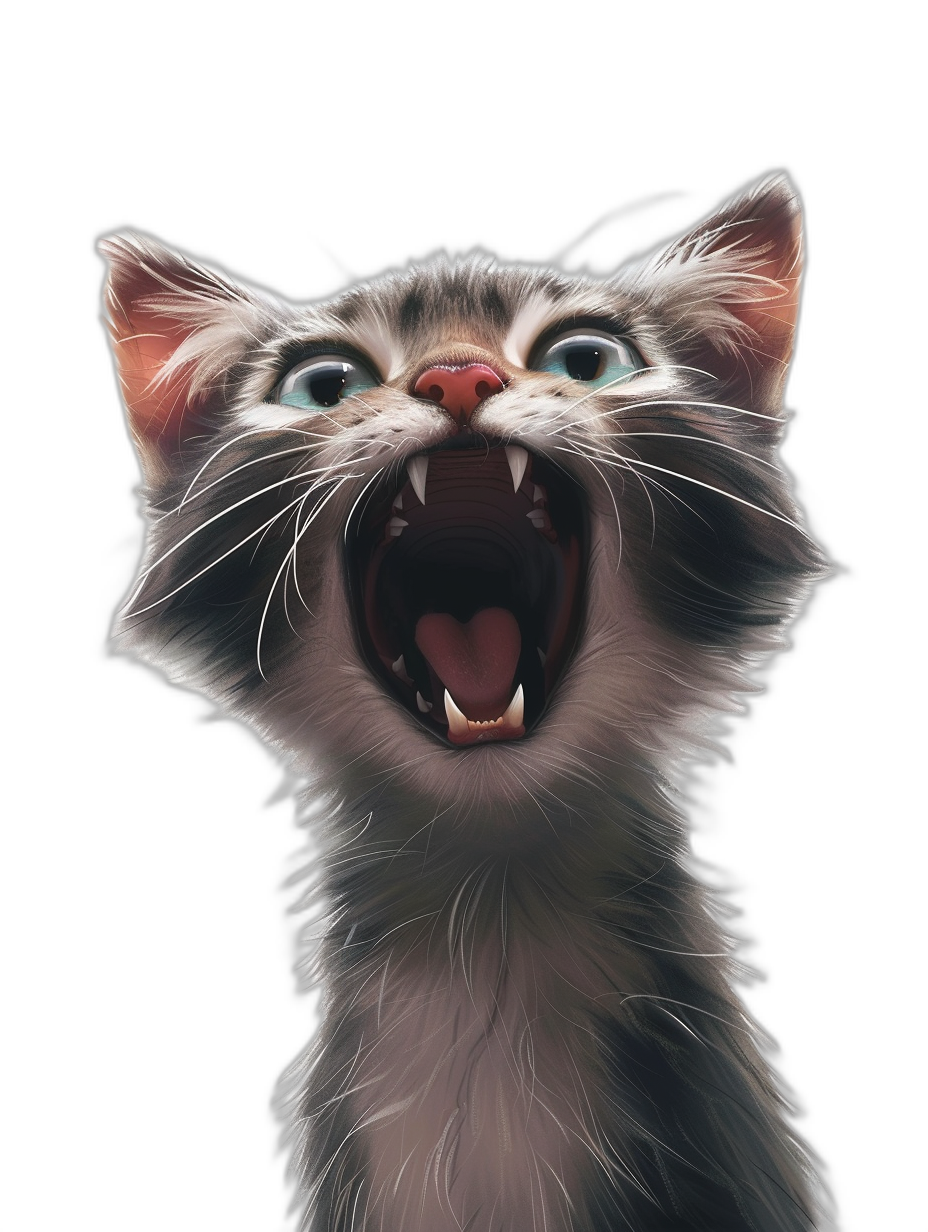 A cute cat with its mouth open, showing sharp teeth, digital art style, black background, high resolution