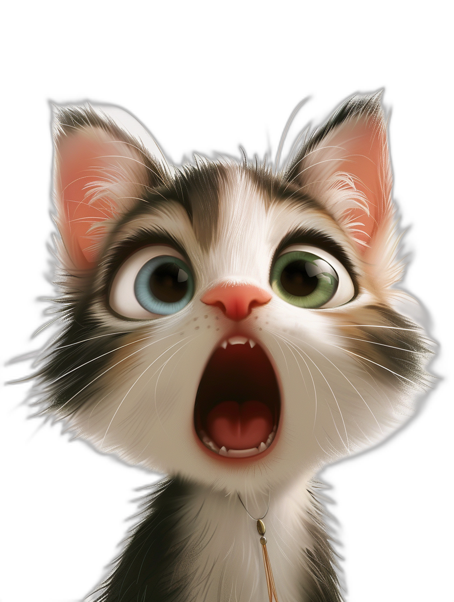 Cute cat with a surprised expression, in the style of Pixar, on a black background, with a Disney cartoon character design, in high definition