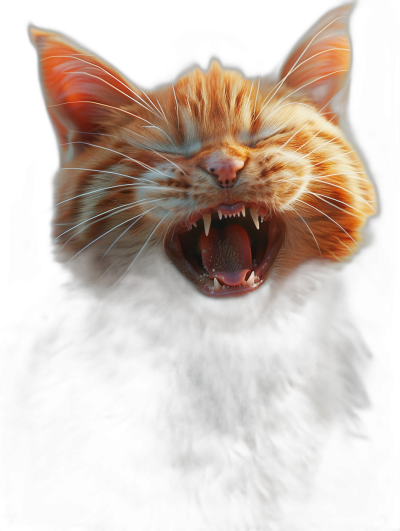 A red cat with its mouth open and showing teeth, cute, hyper realistic in the style of octane render, high resolution photography, insanely detailed, black background, isolated