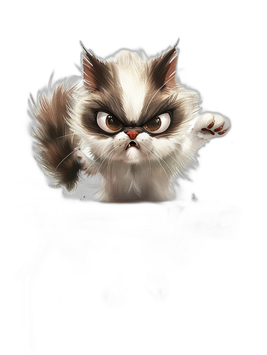 grumpy cat cartoon character with raised fist on black background, by [Tiago Hoisel](https://goo.gl/search?artist%20Tiago%20Hoisel), caricature-like, playful realism, dark white and light amber