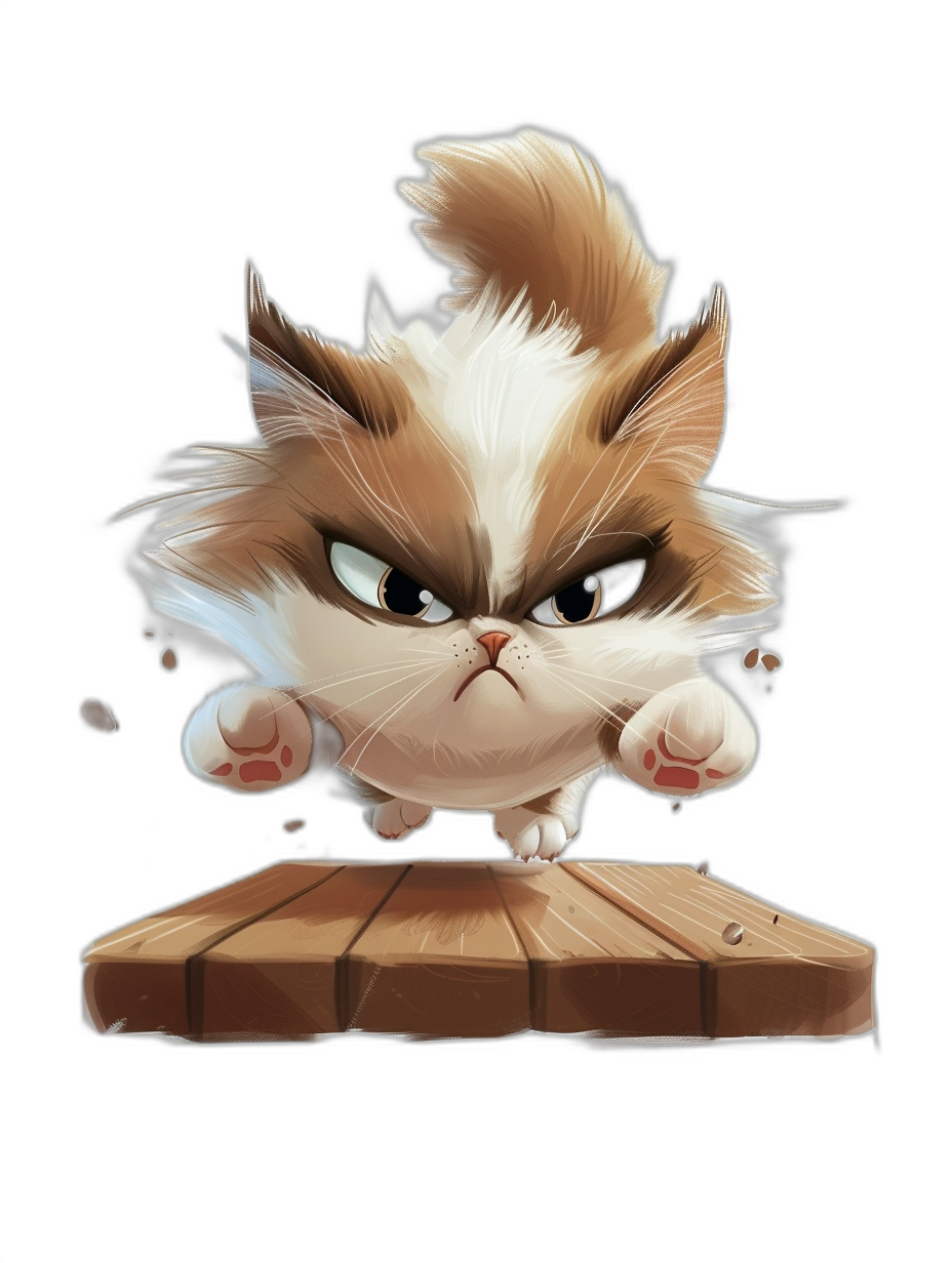 vector design of an angry grumpy cat jumping on top of a wooden table, against an isolated black background, in the style of cartoon, cute and dreamy, artstation, concept art