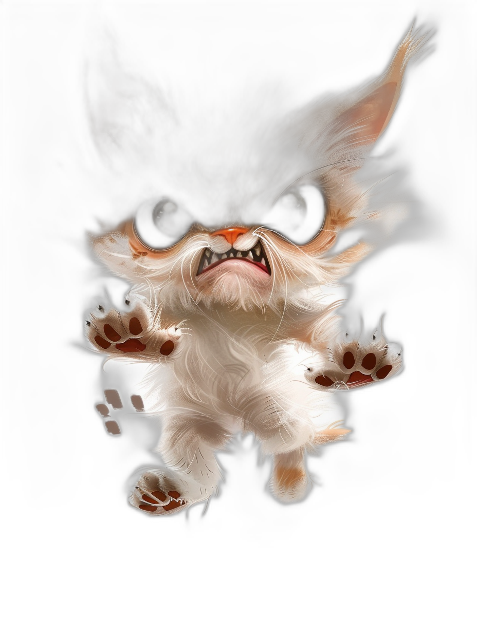 A cute kitten with large black eyes and sharp teeth jumping towards the viewer, white fur on its chest, brown hair around its neck, black background, in the style of digital art.