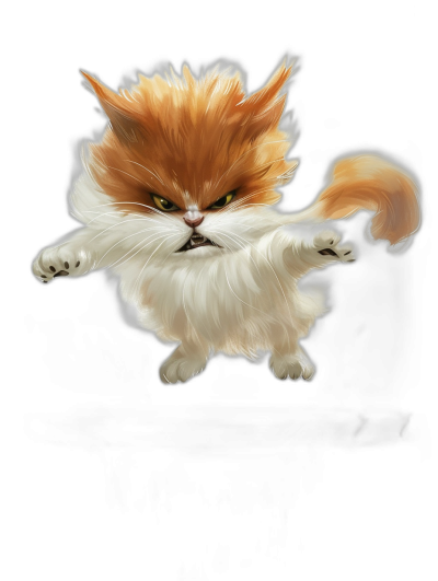 Cute fluffy orange and white cat jumping, in the style of anime, black background, concept art in the style of Pixar studio, digital painting