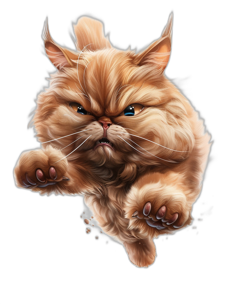 A persian cat in the style of manga, jumping with an angry face on a black background, with detailed rendering, facial features, fur texture, lines and shading, cartoon character design, high resolution.