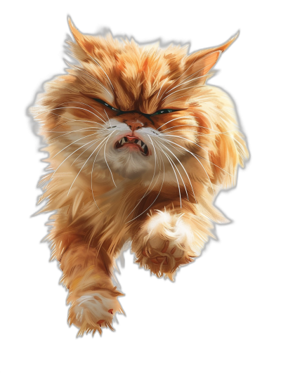 a persian cat, angry face, jumping in the air, isolated on black background, detailed digital art with realistic textures and lighting