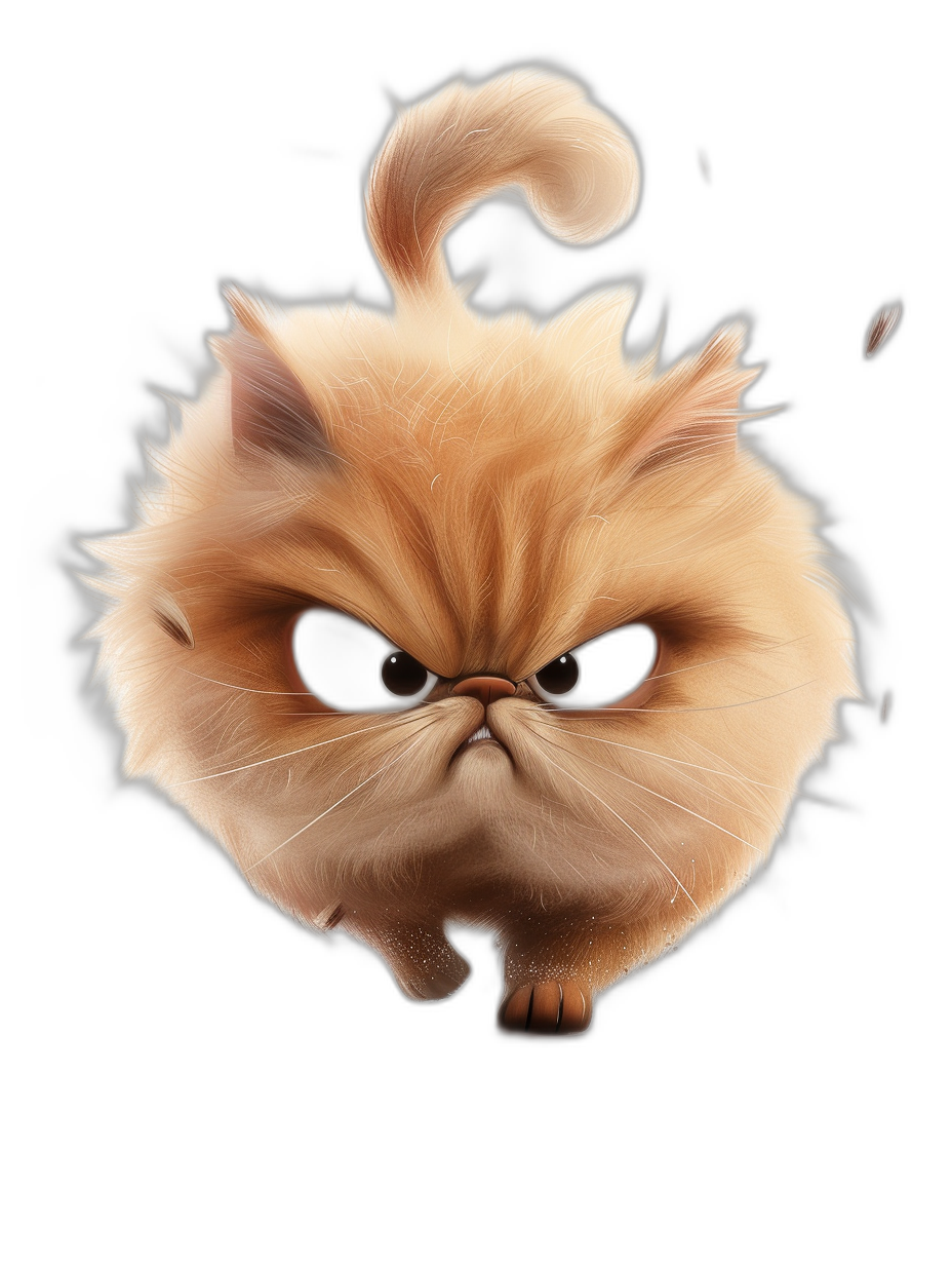 realistic cartoon illustration of an angry persian cat on a black background, digital art in the style of Disney and Pixar, character design for an animation movie