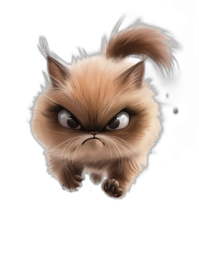 grumpy cat cartoon character flying on a black background in the style of a caricature style drawing