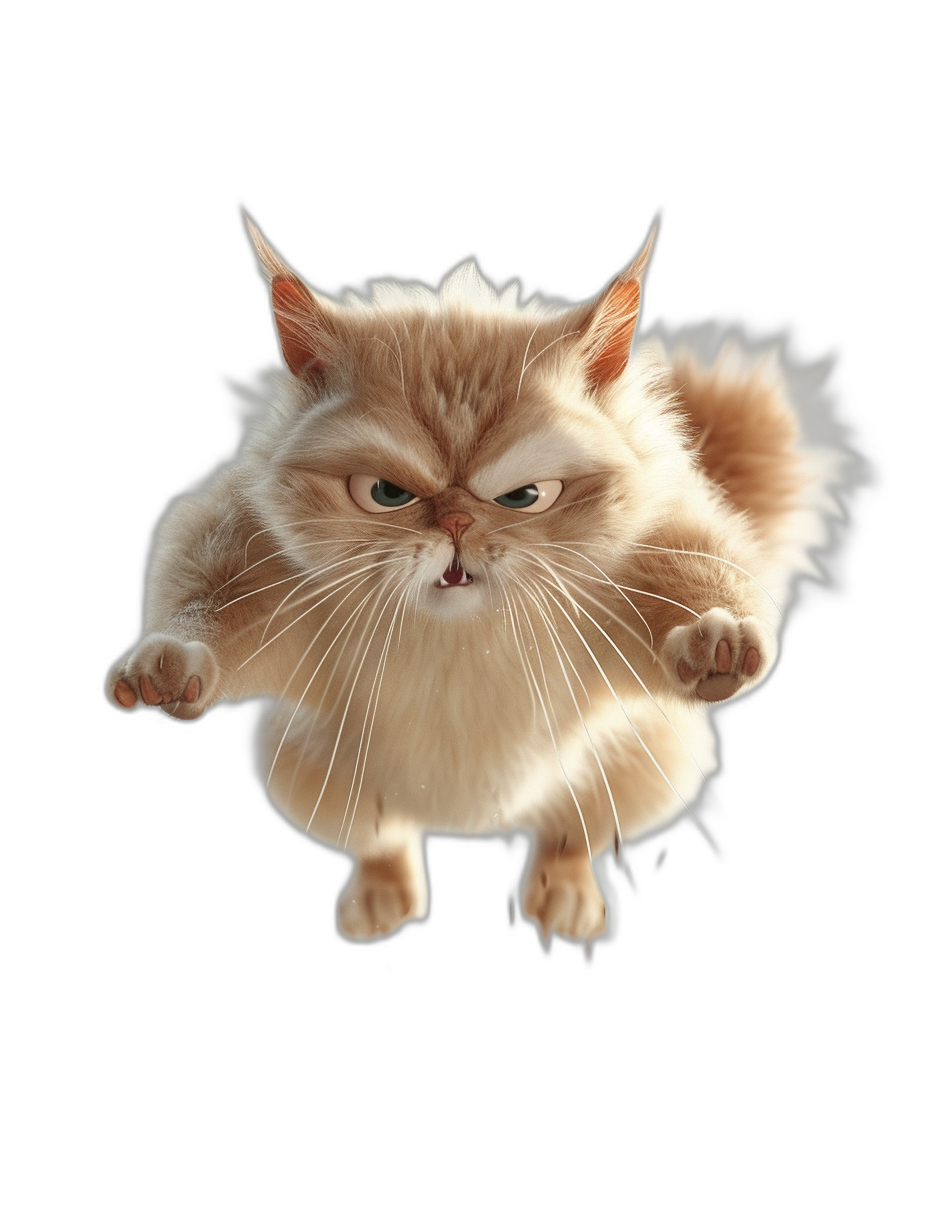 funny flying persian cat, angry expression, funny position, isolated on black background, 3D render, high resolution and very detailed in the style of various artists.