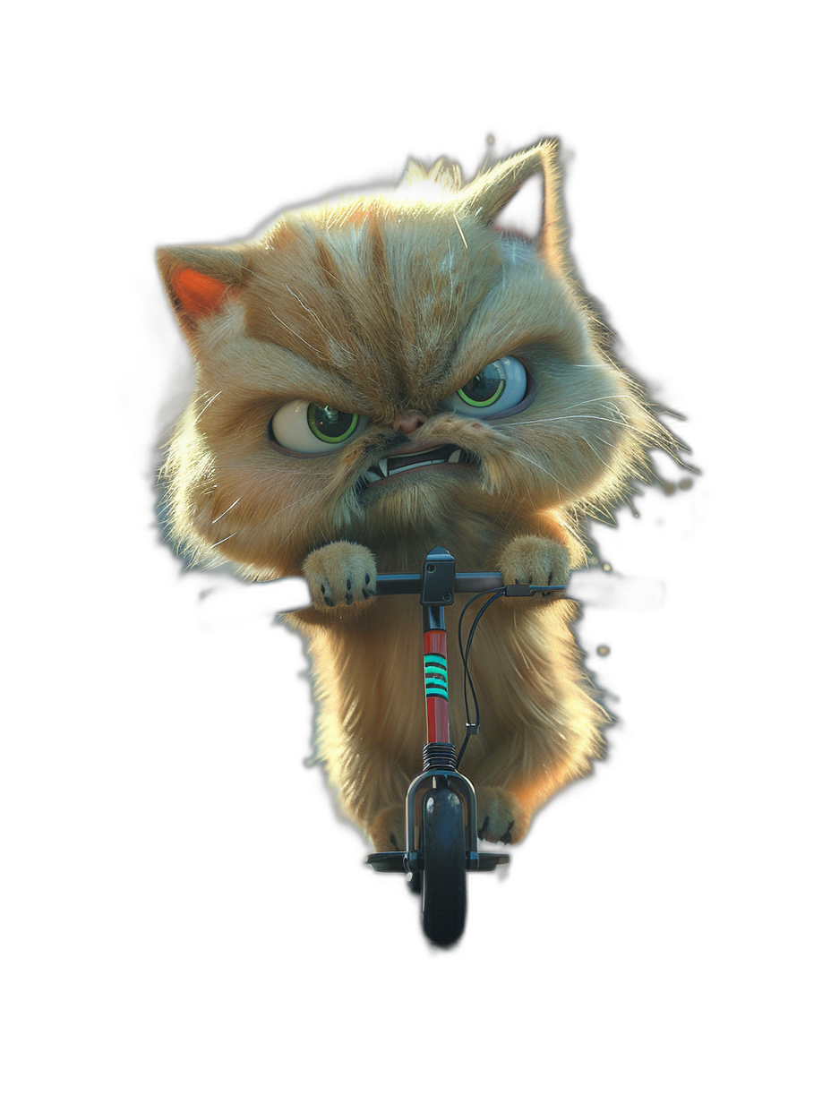 A cute Persian cat riding an electric scooter with an angry expression, 3D render, black background, in the style of Pixar.