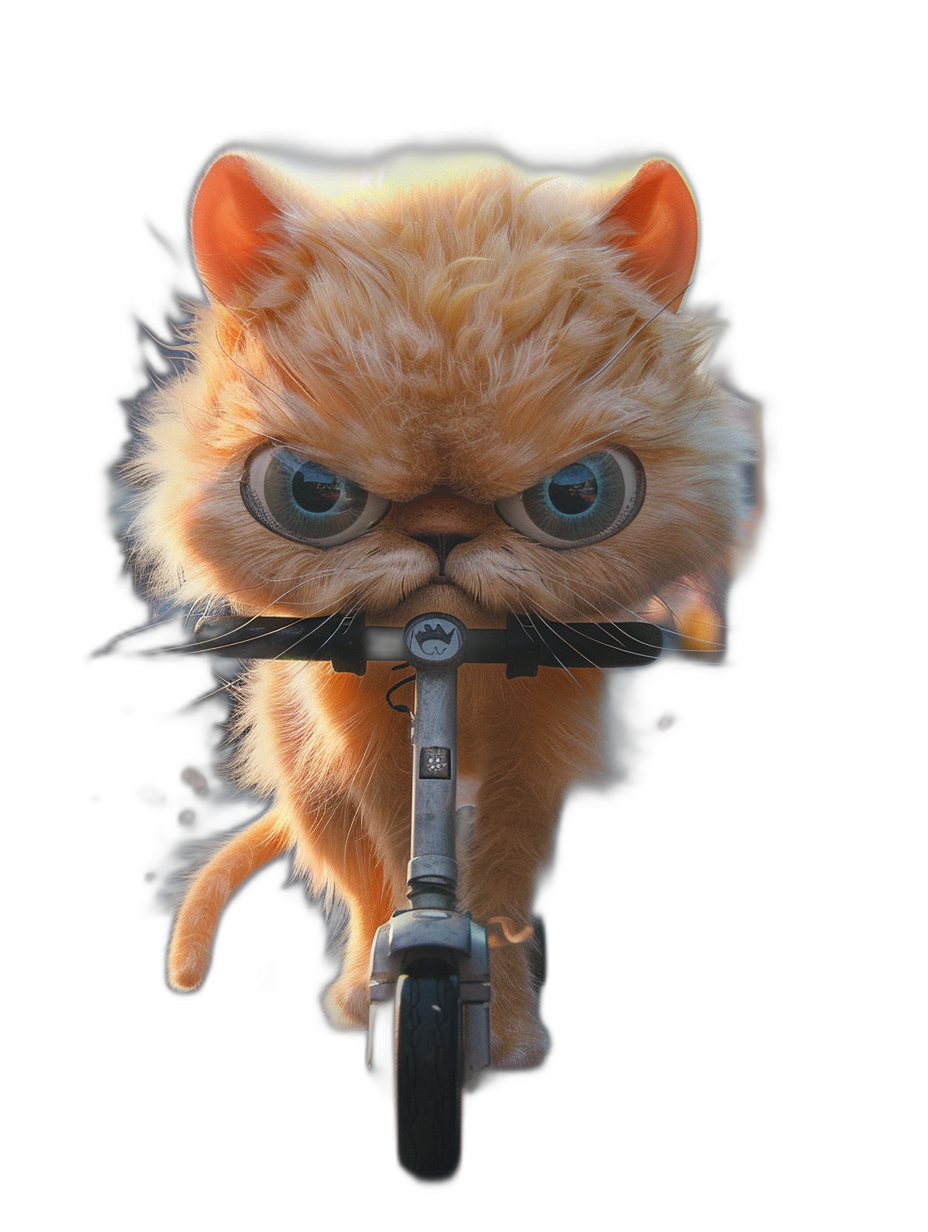 front view of a cute persian cat with big eyes riding a scooter against a black background. The hyper realistic digital painting is in the style of a game item or character concept with professional lighting.