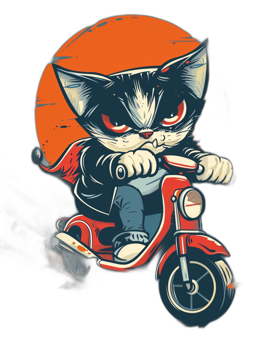 t-shirt design, Cool Kitten riding an egg. Vintage cartoon style, vector illustration with black outline and solid color, on a black background, full body, cute cat character wearing a jacket is driving a red motorcycle, in the style of an ultra detailed, high contrast colors, high resolution, sharp focus, super clean background.