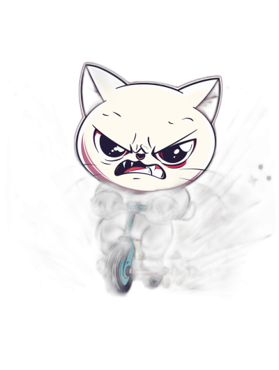 chibi white cat on an electric scooter, angry face, black background, cartoon style, dark colors, vector illustration, dark blue and light pink tones, cute, high resolution, 2d art, digital art, 3D effect, high detail, high quality, high definition, high resolution, high resolution