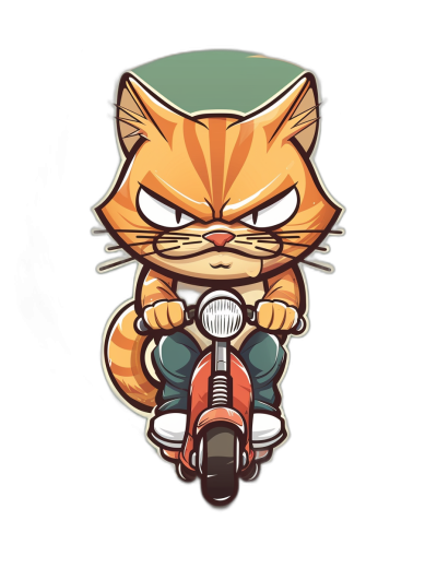 t-shirt design, Cool Orange Cat riding a vespa scooter in the style of a screencap from a cartoon network anime, simple vector illustration with solid bold lines and black background, chibi cartoon character design