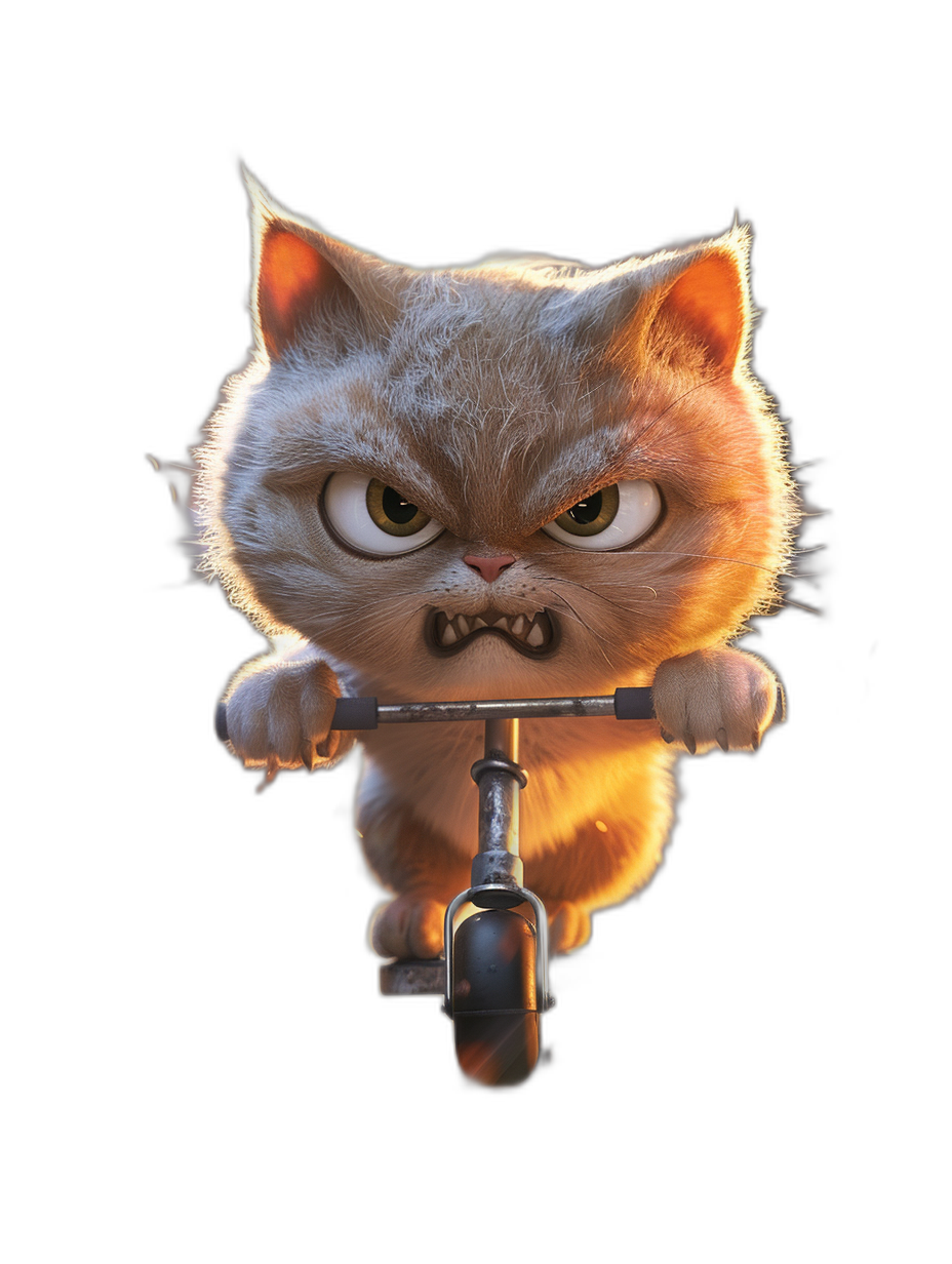 Cute cat riding scooter with an angry expression, in the style of Pixar, on a black background, in high definition