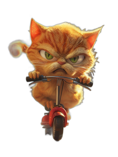 front view of an angry ginger cat riding on a scooter, in the style of Pixar, black background, cartoon character concept art, minimally editing the original text