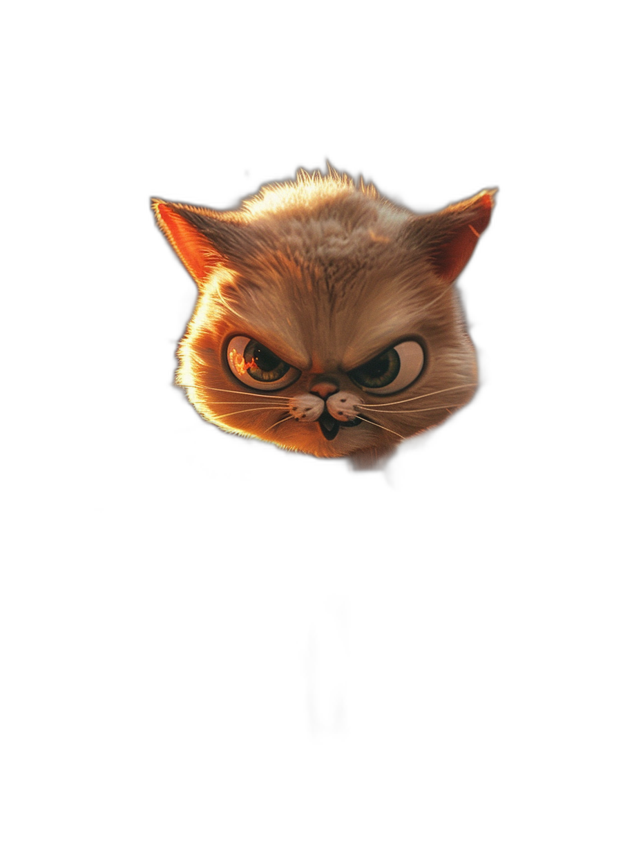 A cute cat with an angry expression, its head only visible against a dark background, in the style of Pixar, in the Disney animation style, on a black background, in high definition.