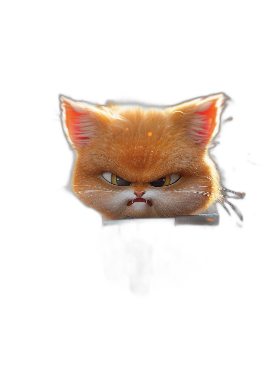 3D render, cute Persian cat head with angry expression peeking out of black screen, in the style of Pixar, glowing on pure black background, high contrast