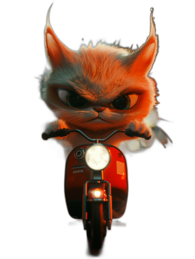 realistic cute orange cat with big eyes, riding on a red vespa motorcycle, with an angry face, on a black background, digital art in the style of [Loish](https://goo.gl/search?artist%20Loish) and in the style of [Studio Ghibli](https://goo.gl/search?artist%20Studio%20Ghibli) and in the style of Disney Pixar, with cinematic lighting, using octane render, with an epic composition, with a detailed character design, in a dynamic pose