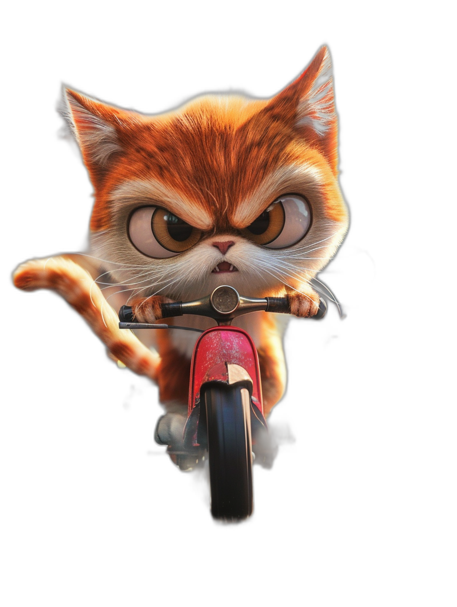 Cute orange cat riding a scooter with an angry expression on a black background, in the style of Pixar with Disney animation influences, rendered in 3D with a clay-like material and a red and white color scheme. A full-body portrait of the cute cartoon character captured in high definition with high resolution and high detail.