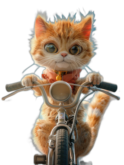 3D render, cute cartoon cat riding on a bike, front view, big eyes, black background, octane rendering, in the style of Pixar, high resolution photography, detailed fur texture, vibrant colors, studio lighting, cinematic shot, high details