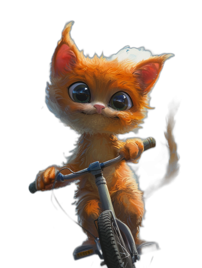 Cute orange kitten riding a bicycle against a black background in the style of Pixar studio's concept art, with a 3D animation style character design in full body shot. The kitten has big cute eyes and ears with detailed fur texture and cinematic lighting in a digital painting illustration at high resolution.