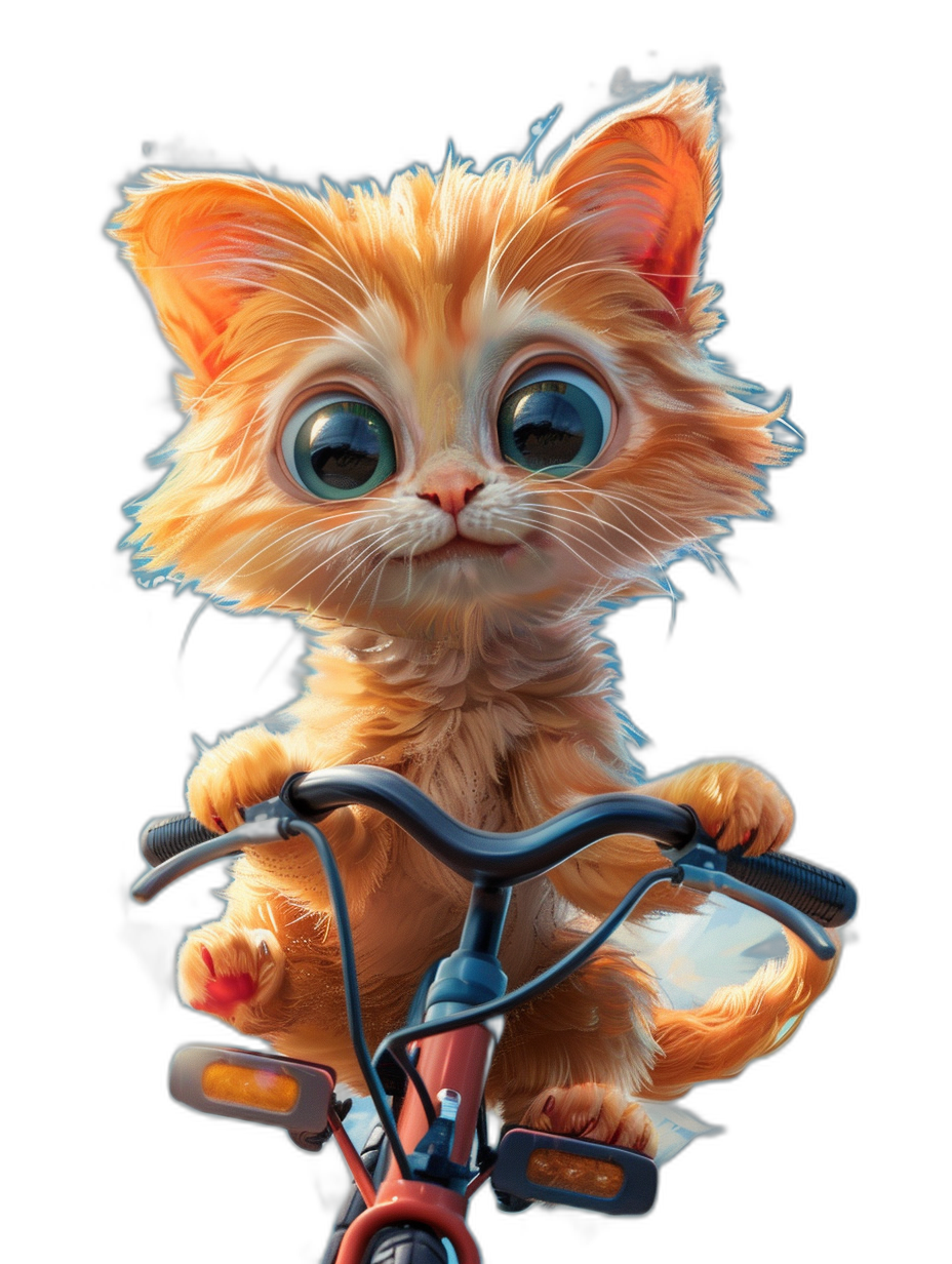 Cute orange kitten riding on a bicycle, with big eyes, on a black background, digital art in the style of Disney Pixar studio, adorable and with a cute expression, with an adorable facial expression, a digital painting, with hyper detailed, high quality artwork.