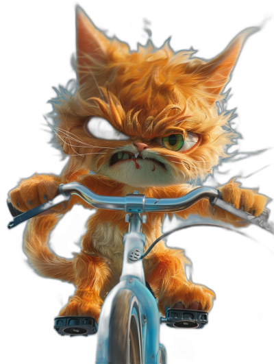 Cute orange cat riding a blue bicycle, fluffy fur texture, angry facial expression, black background, in the style of Pixar, high resolution, high quality, rendered with octane, bright colors, fantasy art