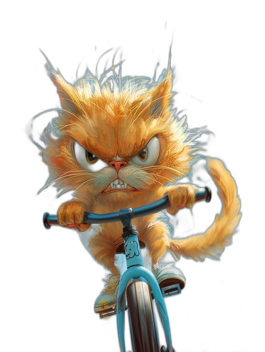 angry, cute cat on the bike in the style of [Tiago Hoisel](https://goo.gl/search?artist%20Tiago%20Hoisel), caricature-like, playful perspective, photorealistic, black background