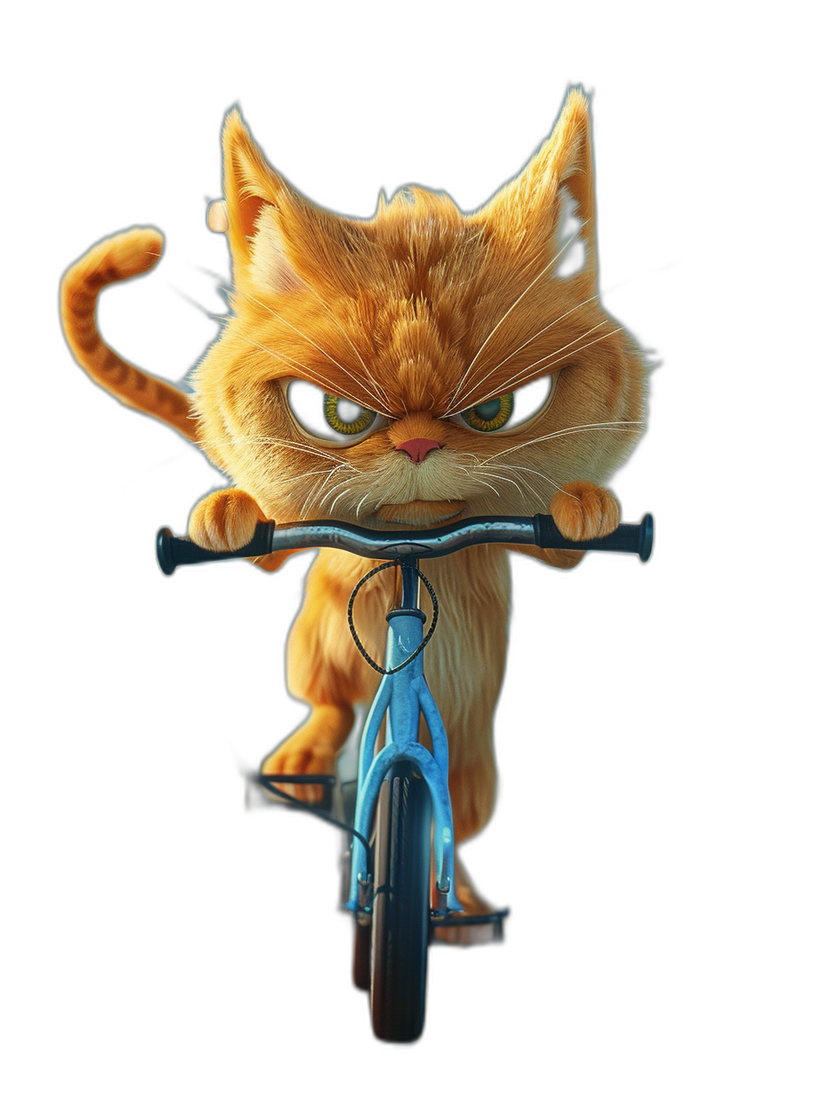 Cute orange cat riding on a blue bicycle, with an angry expression, against a black background, in the style of Pixar, with high definition photography, rendered with octane.