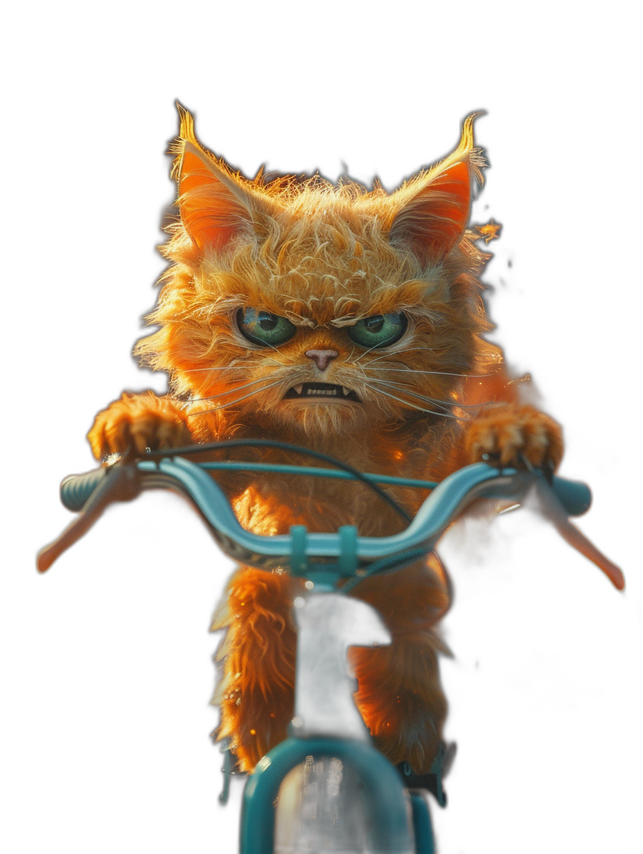 front view of an angry orange cat riding on a bike against a black background, in the style of Pixar art, in the Disney render style, hyper realistic, cinematic light, cinematic shot