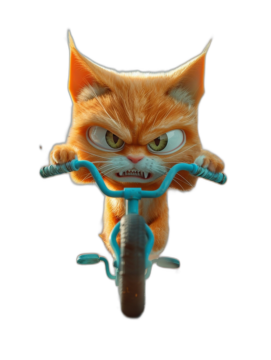 Cute orange cat riding a blue bike, with an angry face, in the cartoon style, on a black background, 3d rendered, in the style of Pixar, with high resolution, using octane rendering, with high detail, of hyper quality.