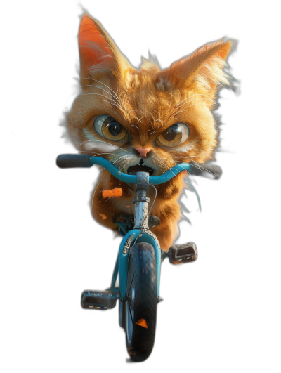 A cute orange cat riding on the front of a blue bike, with big eyes, in the style of a cartoon, on a black background, with a pixar render style, created in the style of unreal engine 5.