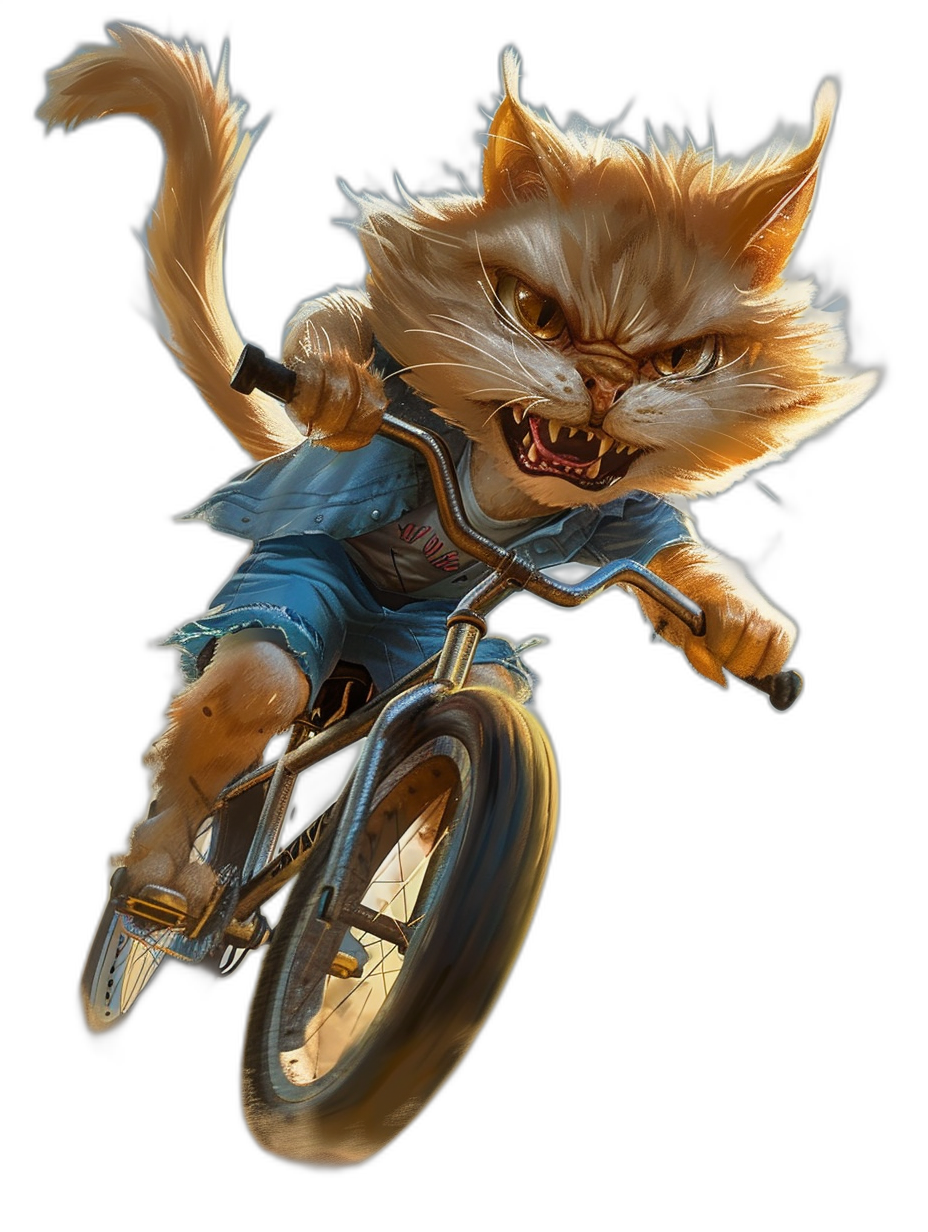 character design of an angry cat on a bmx bike, wearing a blue shirt and shorts against a black background, in the fantasy art style of a digital painting at high resolution
