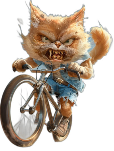 evil grinning cat riding bicycle, blue torn shorts and t-shirt, in the style of Pixar style cartoon character, isolated on black background, hyper realistic, hyper detailed