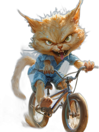 character design, angry cat riding bmx bike with blue shirt and shorts, black background, concept art by Pixar studio style, 2d cartoon digital painting, sharp focus, high resolution, high details