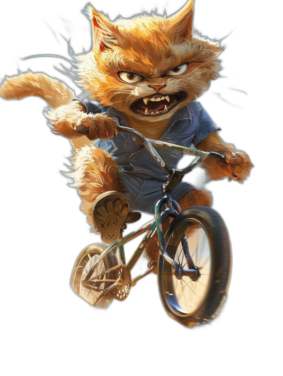 character design of an angry ginger cat riding on bmx, blue shirt and jeans shorts, black background, hyper realistic, digital art by [Greg Rutkowski](https://goo.gl/search?artist%20Greg%20Rutkowski)