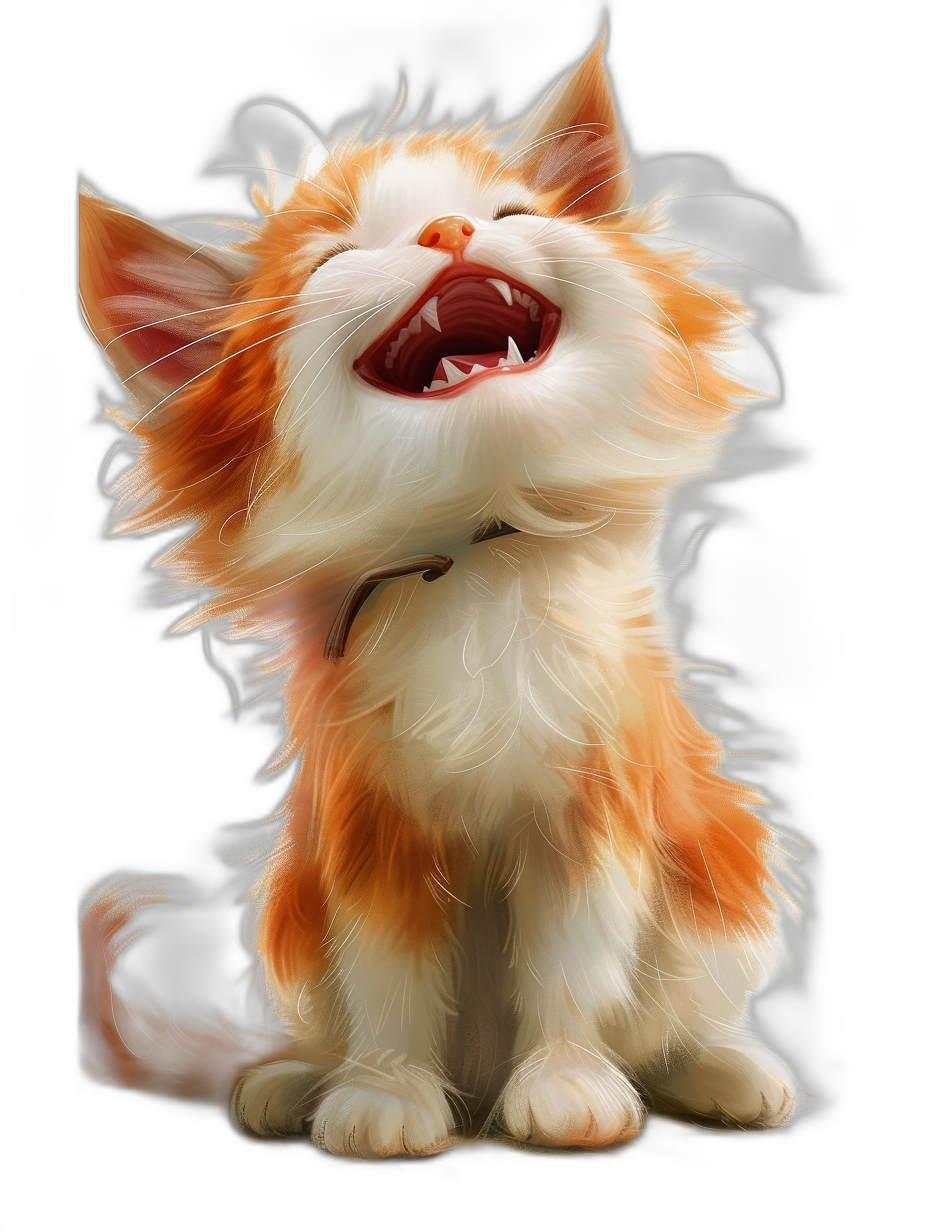 digital art of cute kitten , red and white color, happy face, black background , playful character designs , laughing with teeth , smoke around , chilling happy vibes